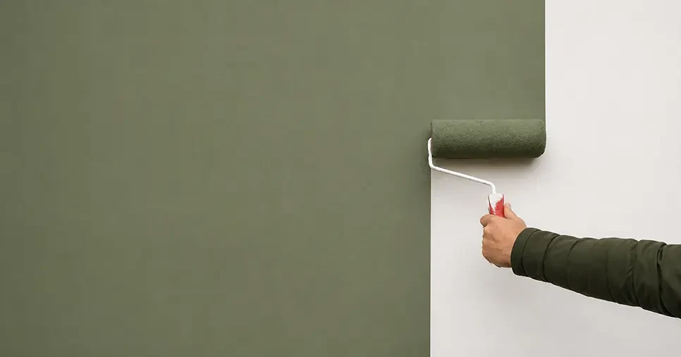 Application d’une peinture vert sauge sur un mur lisse pour moderniser une décoration intérieure près de Strasbourg