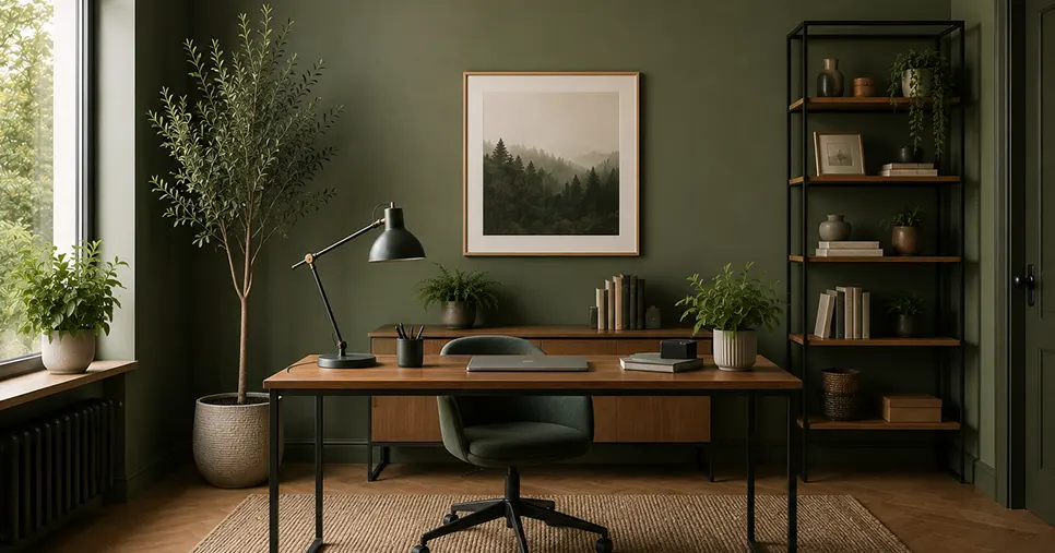 Bureau avec mur vert sauge réalisé dans un style naturel et apaisant par un décorateur d’intérieur proche de Strasbourg