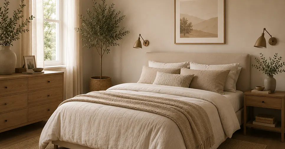 Chambre beige aux tons naturels pour une décoration intérieure chaleureuse et lumineuse près de Strasbourg