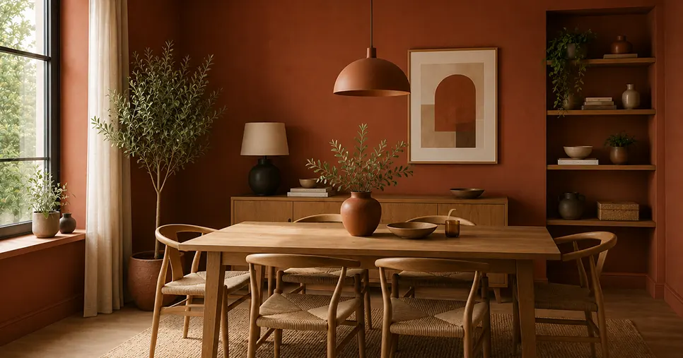 Salle à manger terracotta avec décoration chaleureuse réalisée dans un style contemporain proche de Strasbourg