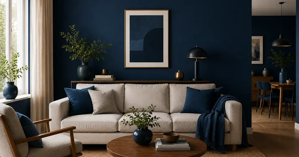 Salon avec murs bleu profond pour une décoration intérieure élégante et moderne à Strasbourg